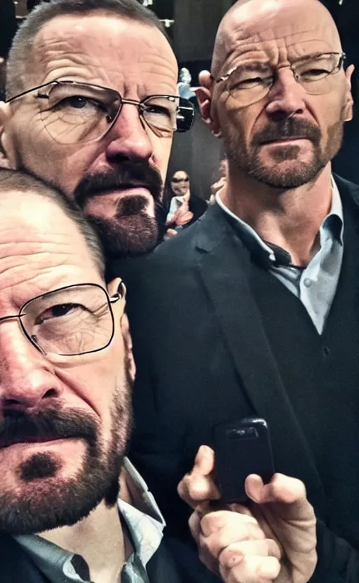 Image similar to img _ 1 4 2 4. jpg. walter white and john wick selfie. candid, looking at camera, snapchat, instagram, hashtags, accidental selfie, front camera, tiktok, popular, realistic, real life