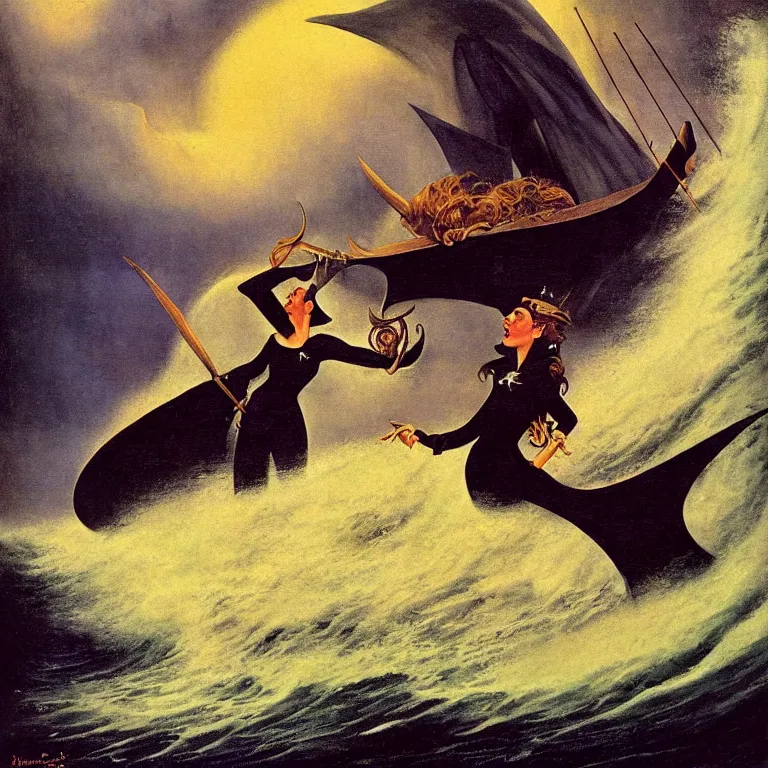 Image similar to a pirate witch summoning a giant wave by remedios varo and art frahm and earl moran and fritz willis and gil elvgren