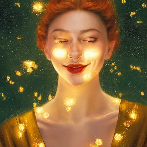 Image similar to a totally amazed smiling anastasia ivanova surrounded by golden firefly lights in a mesmerizing scene, fully covering intricate detailed bohemian outfit, red hair, precise linework, accurate green eyes, small nose with freckles, beautiful smooth oval head, expressive emotions, hyper realistic ultrafine portrait by artemisia gentileschi, jessica rossier, greg rutkowski, artgerm