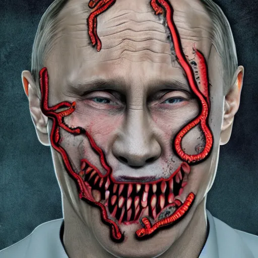 Prompt: vladimir putin became bloody ugly lovecraftian degenerate abomination, photo - realistic, color image, 2 k, highly detailed, bodyhorror, occult art