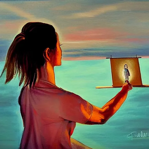 Image similar to a woman painting herself in a self portrait. detailed. artistic. sunset.