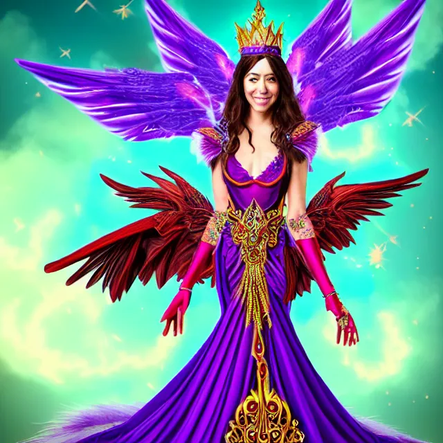 Image similar to Princess sorceress with red flaming bird wings on her back and sitting on an ornate throne dressed in a fancy purple dress, beautiful realistic face similar to aubrey plaza, Fantasy, Full Portrait, High detail, realistic, planeswalker