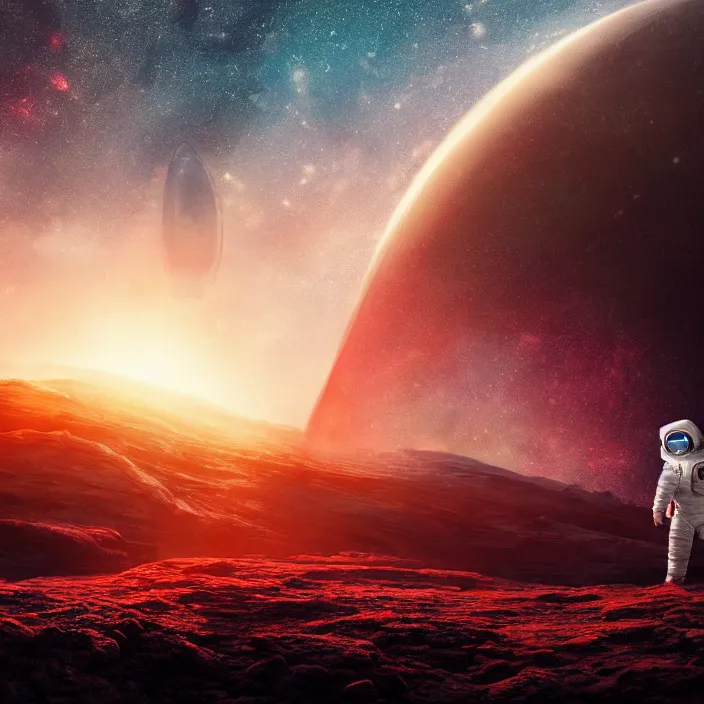 Image similar to a astronaut walking on a alien planet with a red giant galaxy appearing in the sky, digital art, concept art, trending on DeviantArt, highly detailed, high quality, 8K HDR, cinematic lighting, breathtaking image