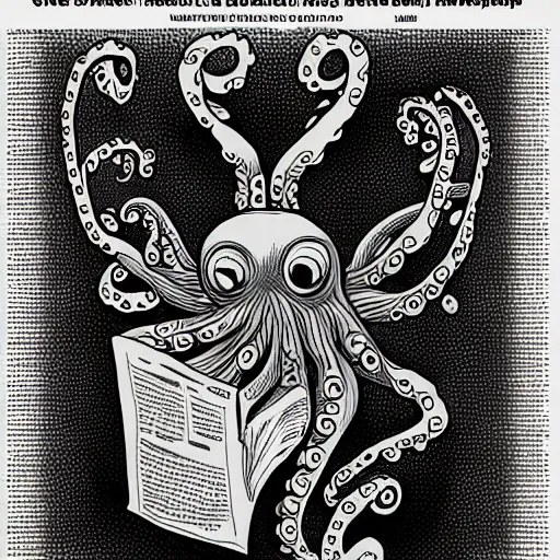 Prompt: octopus reading a newspaper!! highly detailed, digital painting, manga style