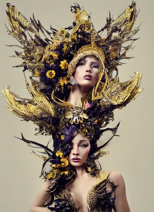 Image similar to expressive full body photo of a female model, ornate headpiece made from flowers, ornaments, glamour shot, by karol bak, by stefan gesell, photorealistic, canon r 3, fashion photography, hyper maximalist, elegant, ornate, luxury, elite, environmental portrait, symmetrical features, octane render, unreal engine, solid dark grey background, dramatic lights