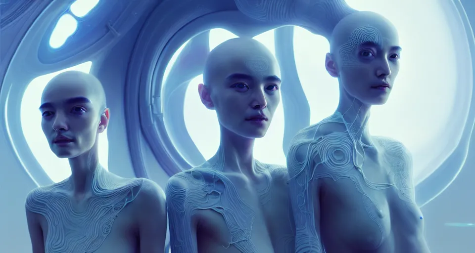 Prompt: portrait of yael shelbia and kang seul - gi, venus squid astronaut, symetrical facial, white hair, intricate design details. cyberpunk, touareg, by ruan jia and beeple. smooth gradients, deep space.