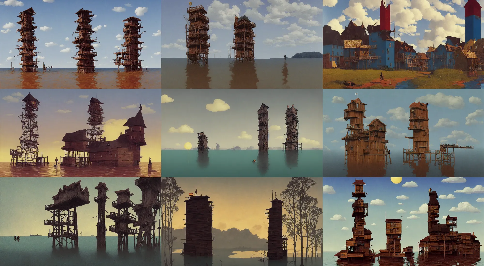 Image similar to single flooded simple wooden tower, very coherent and colorful high contrast!! masterpiece by rene magritte simon stalenhag carl spitzweg syd mead norman rockwell edward hopper james gilleard, minimalist, dark shadows, sunny day, hard lighting