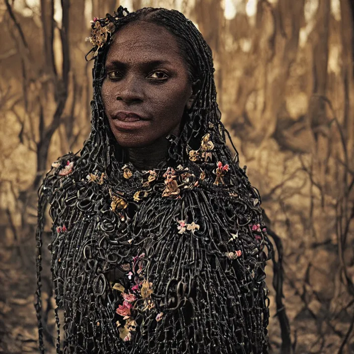 Prompt: closeup portrait of a woman wearing a cloak made of chains and flowers in a charred, burnt forest, by Annie Leibovitz and Steve McCurry, natural light, detailed face, CANON Eos C300, ƒ1.8, 35mm, 8K, medium-format print