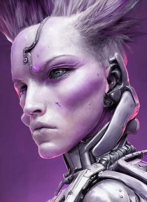 Image similar to close up portrait of a pale woman in sci - fi power armor with purple hair, powerful, domineering, stoic, masterful, intense, ultrafine hyperdetailed illustration by kim jung gi, irakli nadar, intricate linework, sharp focus, octopath traveler, yoji shinkawa, highly rendered, detailed, concept art, intricate environment