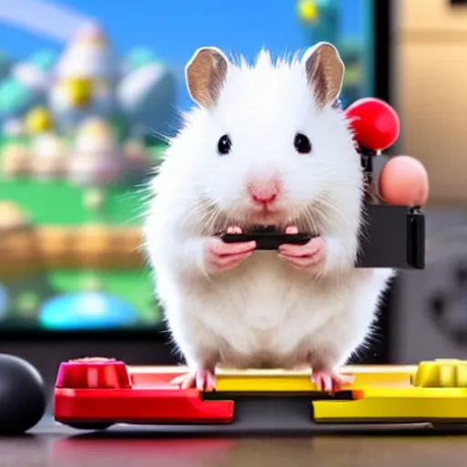 Prompt: white hamster holding with its little pawns a liftle nintendo switch playing mario kart