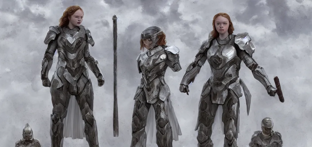 Image similar to character sheet concept art of sadie sink in white mjolnir halo armor, realistic, hyperrealistic, photographic, costume, wlop, dan mumford, greg rutkowski, high detail, octane render, alexander mcqueen, james gurney, james jean, mucha, photo, 8 k, intricate