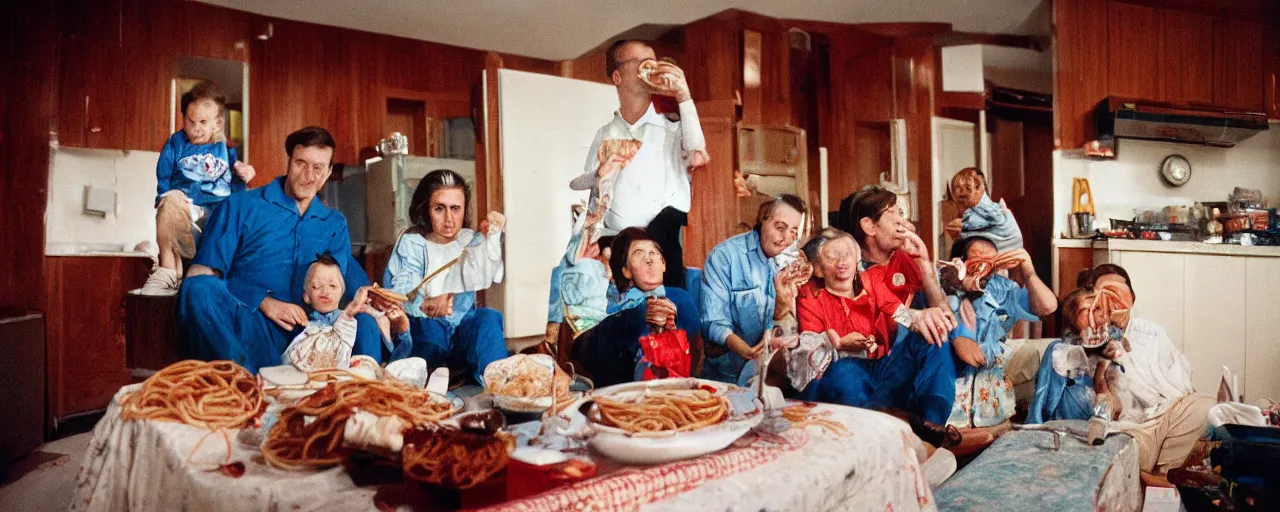 Image similar to a family watching the moon landing on tv, eating spaghetti, in the style of steve mccurry, canon 5 0 mm, wes anderson film, kodachrome, retro