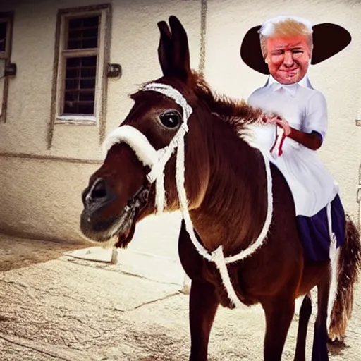 Image similar to cute donald trump riding a donkey wearing a maid outfit, realistic, photography, 8 k, award winning, kawaii