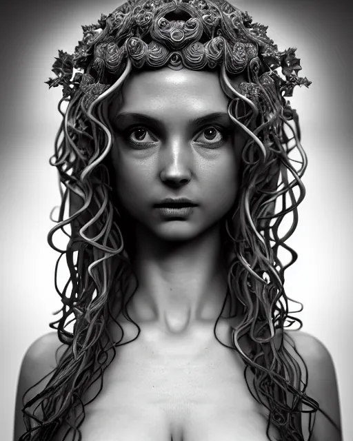 Image similar to mythical dreamy underwater artistic black and white 3 d render of a translucent beautiful young female angelic - medusa - vegetal - doll, highly detailed, intricate crystal ivy jelly ornate, poetic, translucent algae ornate, digital art, octane render, 8 k artistic photography, photo - realistic, hg giger flora borsi