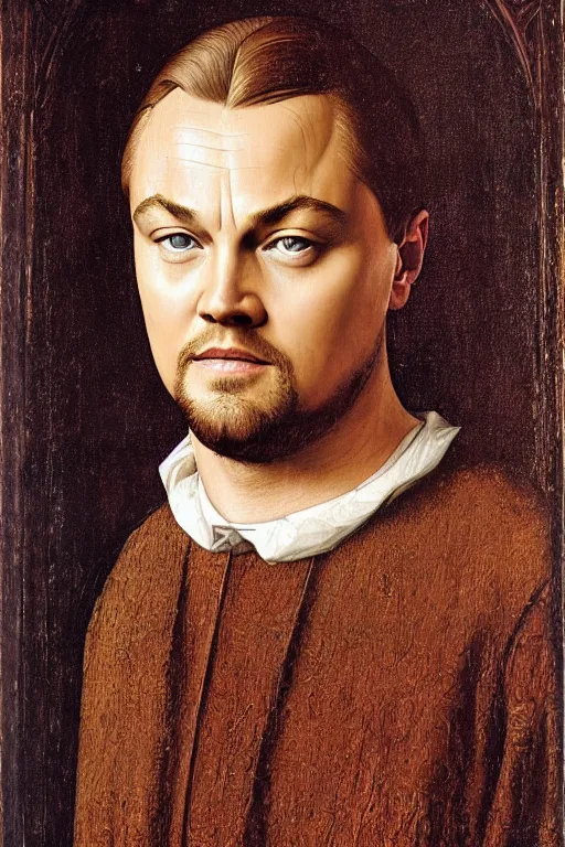 Image similar to portrait of leonardo dicaprio, oil painting by jan van eyck, northern renaissance art, oil on canvas, wet - on - wet technique, realistic, expressive emotions, intricate textures, illusionistic detail