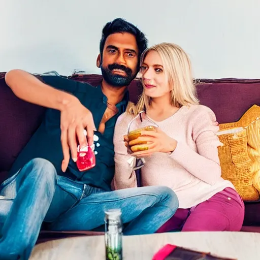 Image similar to indian guy and blonde swedish girl drinking gin and tonics on the couch