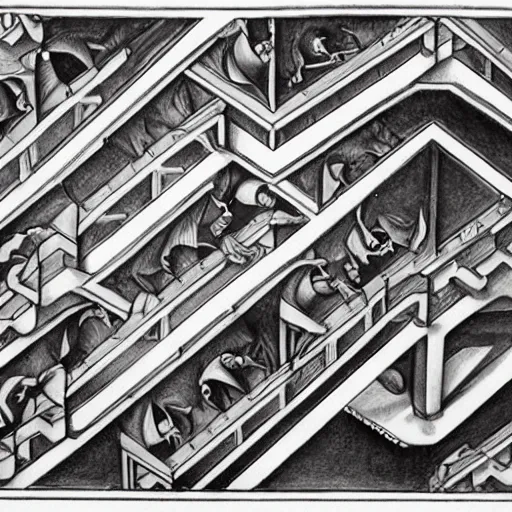 Prompt: a m. c. escher style drawing of fomo