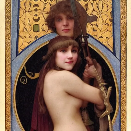 Image similar to annasophia robb in medieval armour, bowl haircut, mucha, bouguereau