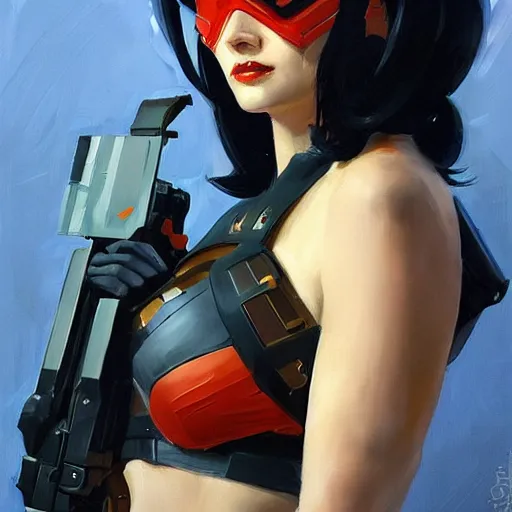 Image similar to greg manchess portrait painting of partially armored domino as overwatch character, medium shot, asymmetrical, profile picture, organic painting, sunny day, matte painting, bold shapes, hard edges, street art, trending on artstation, by huang guangjian and gil elvgren and sachin teng