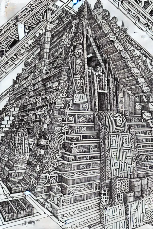 Prompt: a black and white drawing of a mayan temple cityscape, a detailed mixed media collage by hiroki tsukuda and eduardo paolozzi and moebius, intricate linework, sketchbook psychedelic doodle comic drawing, geometric, street art, polycount, deconstructivism, matte drawing, academic art, constructivism