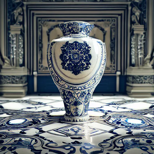 Image similar to An ornate baroque vase breaking on the marble tile floor, exploding into dust, dark-blue light-blue gold silver white black beige, volumetric dust rays, intricate detail, ultra realistic, cinematic lighting, moody, wet, shiny