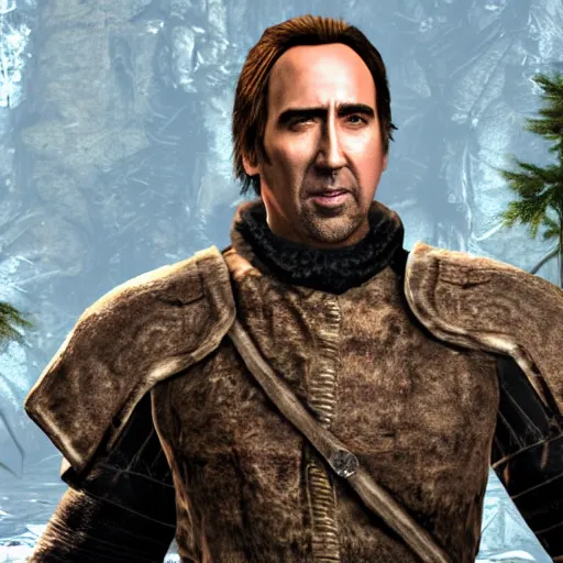 Image similar to Nicholas Cage as a Skyrim character, very detailed, Playstation 1 graphics, whole body, 4k