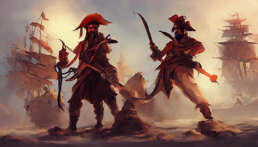 Image similar to visual storytelling, concept art of pirates by jama jurabaev, trending on artstation, high quality, brush stroke