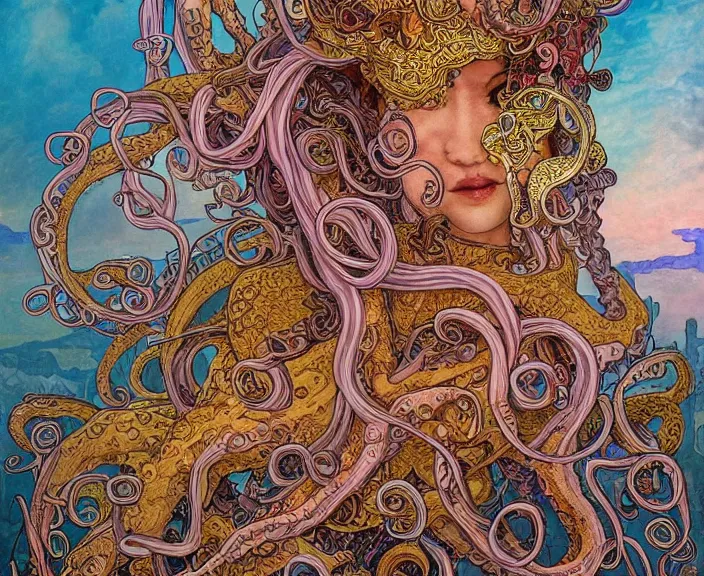 Prompt: portrait of an octopus goddess, full body shot, rule of thirds, wide angle, amazing landscape in background, fantasy, whimsical, horror, art by riot games and chengwei pan and josephine wall and amanda sage and alphonse mucha, intricately detailed, highly detailed, luxurious, elegant, clean, unsettling, trending on artstation