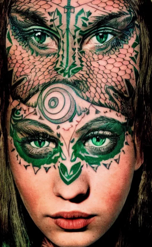 Prompt: a heavily tattooed white girl with brown hair and green eyes, dutch, wide set eyes, oval face, round cheeks, leica s, 5 0 mm lens, kodachrome, 1 9 6 9, shot by platon