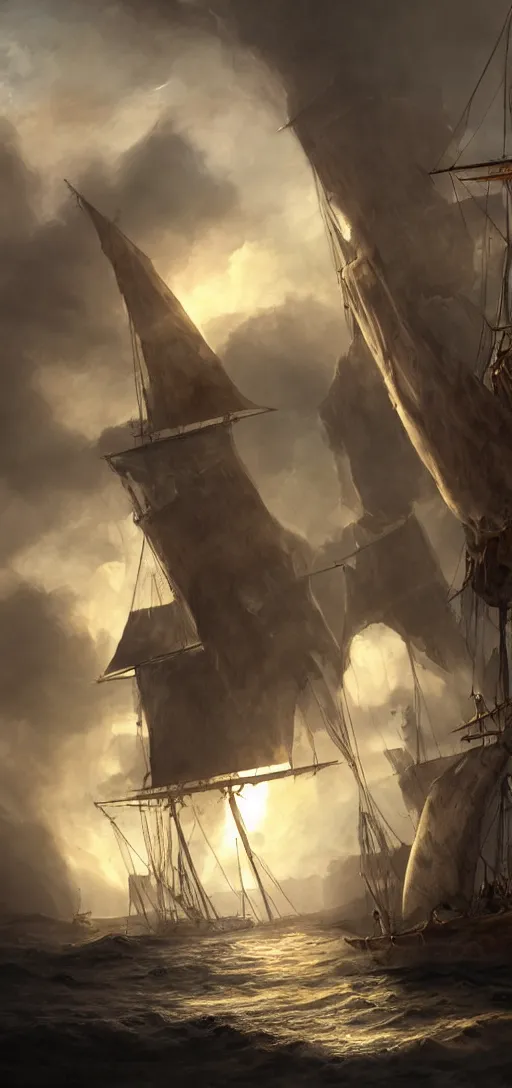 Image similar to matte painting of a pirate ship in a secret cave, sails and masts on fire, dramatic light, sunlight cones from an hole above, 8k, very detailed, concept art