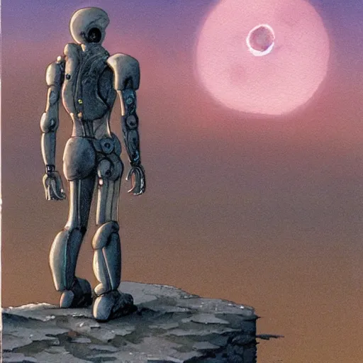 Image similar to [ a humanoid robot looking out over a ruined city ] [ night, stars ] [ gauche watercolour soft beautiful colours ] [ moebius, science fiction art ]