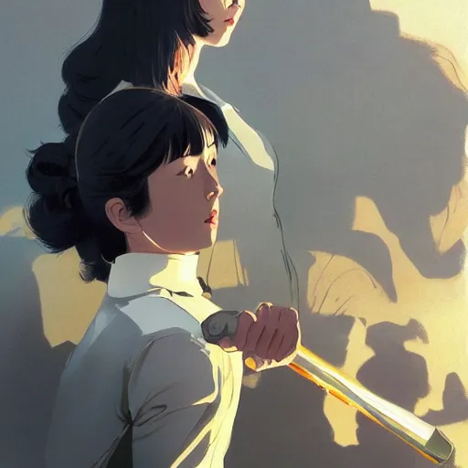 Image similar to stable diffusion stealing jobs from designers, digital painting masterpiece, by ilya kuvshinov, by frank frazetta, by mœbius, by reiq, by hayao miyazaki, intricate detail, beautiful brush strokes, advanced lighting technology, 4 k wallpaper, interesting character design, stylized yet realistic anatomy and faces, inspired by kill bill animated scene