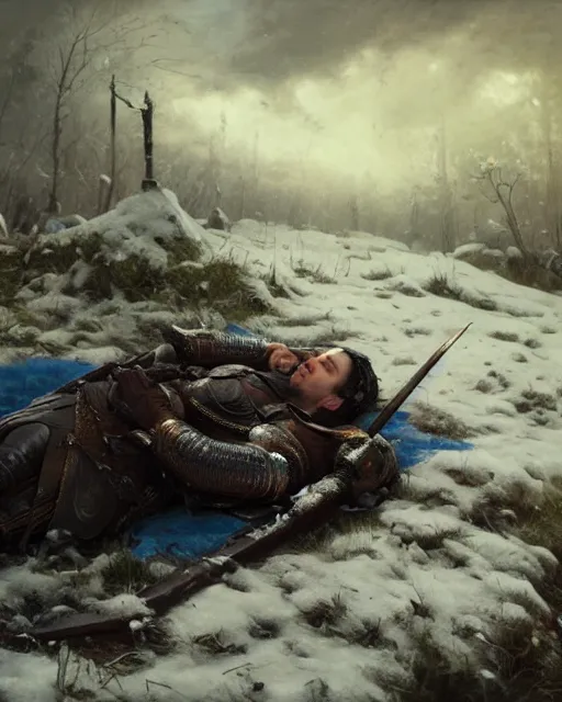 Image similar to Highly realistic oil painting of a wounded knight lying in the snow, surrounded by blue flowers, blood on flowers, by greg rutkowski, highly detailed, cinematic lighting, moody, dark