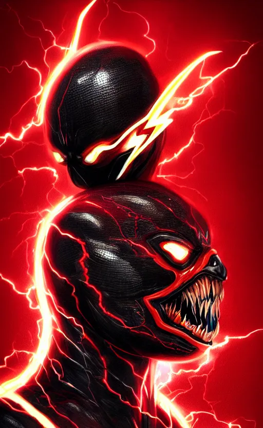 Image similar to portrait of venom as the flash, black and red, dynamic lighting, cinematic, ultra detailed, trending on art station, stunning visuals, creative, fantasy concept art