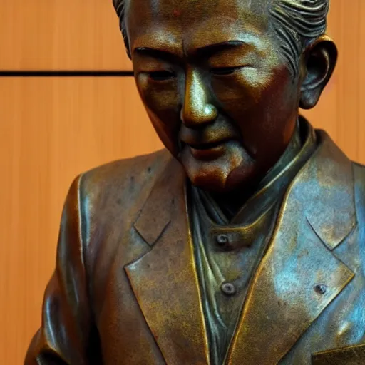 Image similar to close up shot of an old bronze patina statue of kitano takeshi in a museum