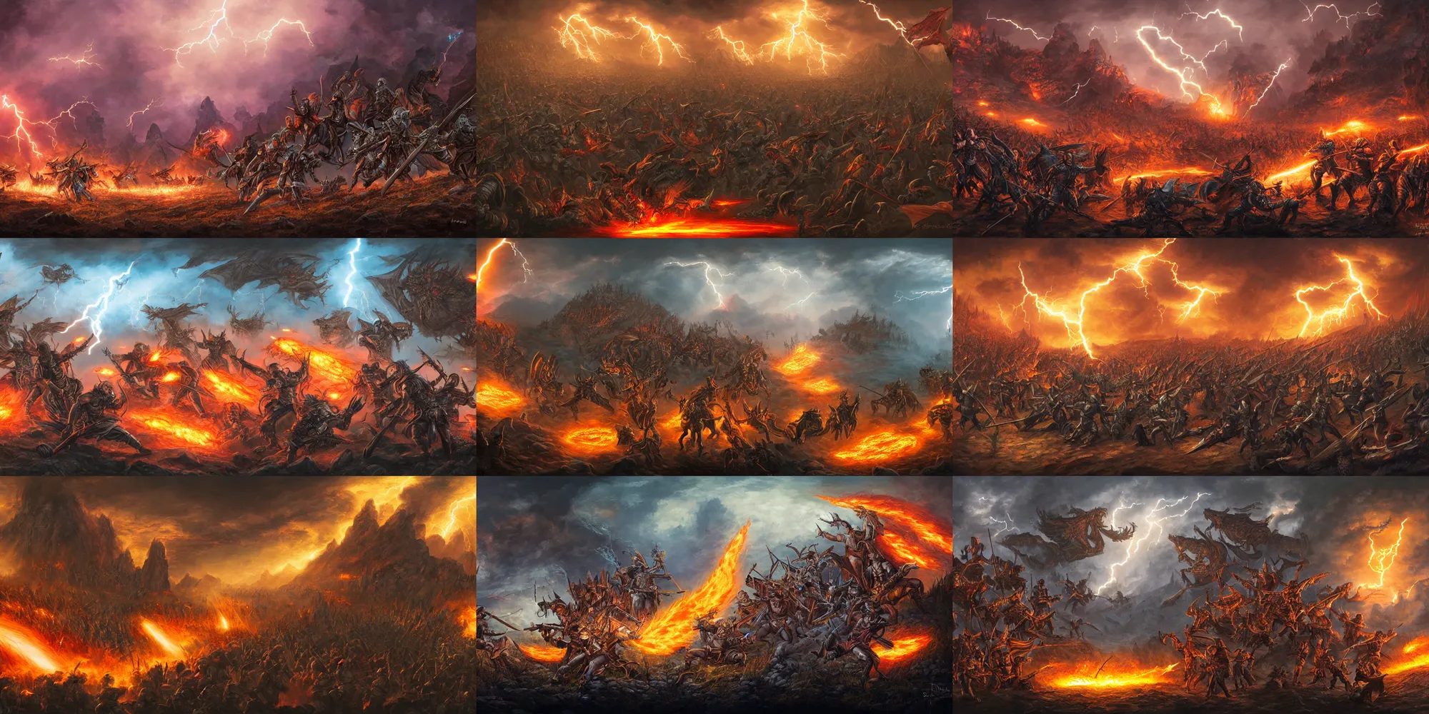 Prompt: d & d fantasy book illustration of the war between the army of lightning versus the army of fire, fantasy, epic, high detail, 4 k, fineart