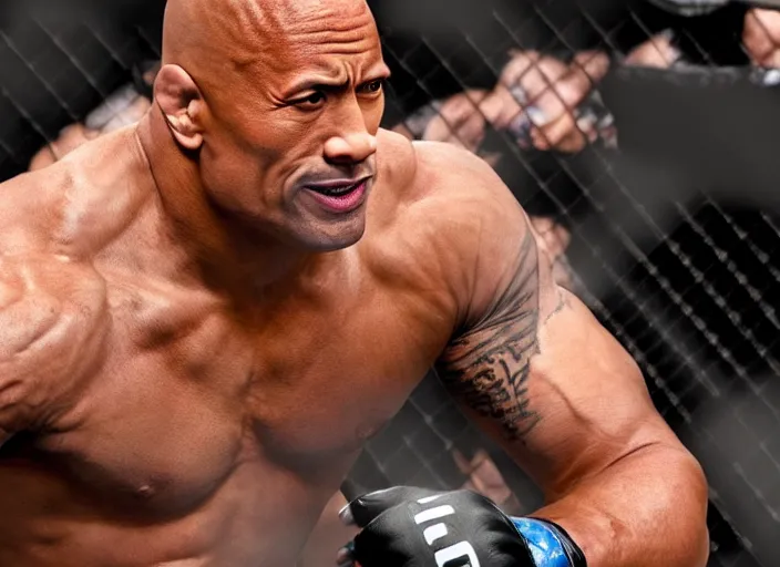 Image similar to dwayne the rock johnson in the ufc, 4 k, photorealistic