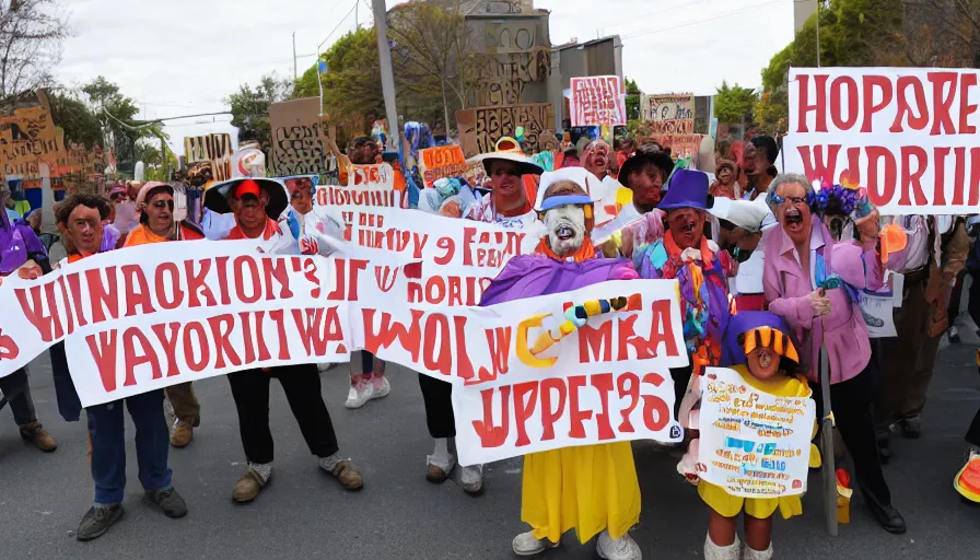 Image similar to willy wonka's oompa loompas holding up signs and protesting outside the factory against unfair work conditions