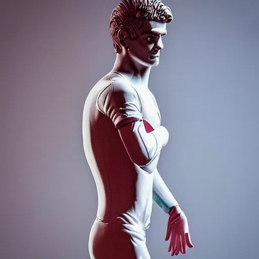 Image similar to “ a realistic detailed photo of a guy who is an attractive humanoid who is half robot and half humanoid, who is a male android, soccer player antoine griezmann, shiny skin, posing like a statue, blank stare, at the museum, on display ”