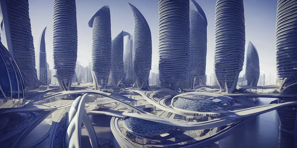 Prompt: Futuristic sci fi city in the style of santiago calatrava. Utopia. marble skyscrapers, Fantastic perspective view. 3d octane rendering. futuristic bone skeletal structure dynamic curves, strong lines, rich vibrant detailed texture design architecture, bright natural ambient light + archviz + atmospheric wide lens realistic photography+ artstation, neon lights, metallic reflections + v-ray + nvidia iray materials + 8k textures + 14mm wide lens f 1.2