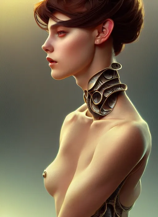 Image similar to a full body fashion photography of alien female girl, intricate, elegant, clearly visible face, highly detailed, digital painting, artstation, concept art, smooth, sharp focus, illustration, art by artgerm and greg rutkowski and alphonse mucha, 8 k