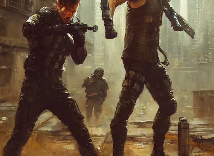 Prompt: solid snake subduing soldier ( blade runner 2 0 4 9, dystopian, cyberpunk 2 0 7 7 character design ). orientalist portrait by john william waterhouse and james gurney and theodore ralli and nasreddine dinet, oil on canvas. cinematic, hyper realism, realistic proportions, dramatic lighting, high detail 4 k