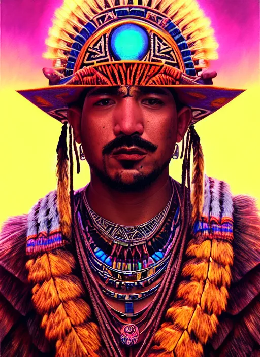 Image similar to portrait of laz alonso, hyper detailed ultra sharp aztec shaman warrior. trending on artstation, warpaint aesthetic, bloodwave, colorful, psychedelic, ornate, intricate, digital painting, concept art, smooth, sharp focus, illustration, art by artgerm and greg rutkowski and h. r. giger, 8 k