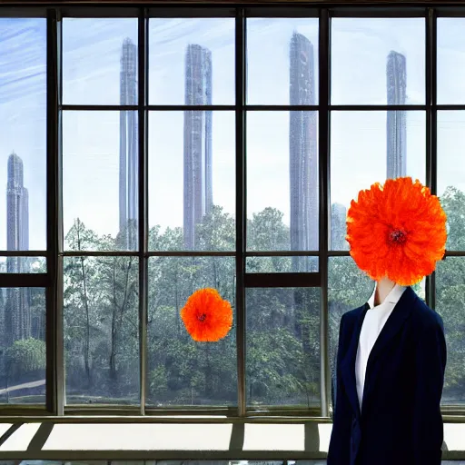 Image similar to huge flower as head, woman in suit standing by tall modern windows, luxury apartment, surreal photography, sunlight, impressionist painting, digital painting, artstation, simon stalenhag