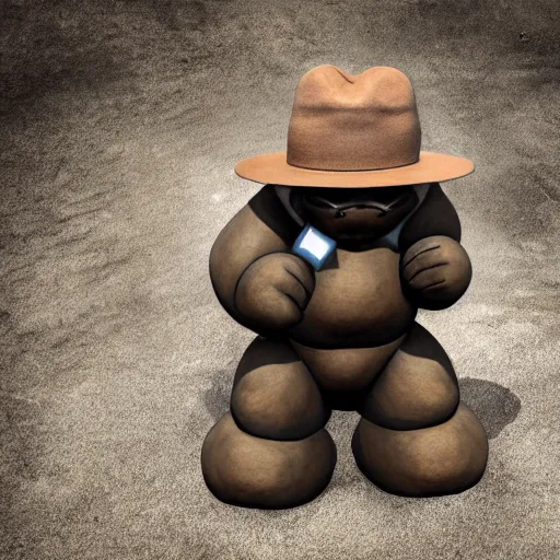 Prompt: a stunning photograph of a geodude wearing a fedora, 8 k hd, incredibly detailed