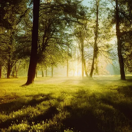 Image similar to Photo of a gorgeous meadow bathing in sunlight, magical lights floating around, trees and forest, a lake nearby, 4k, sharp, very detailed, cinestill 800t