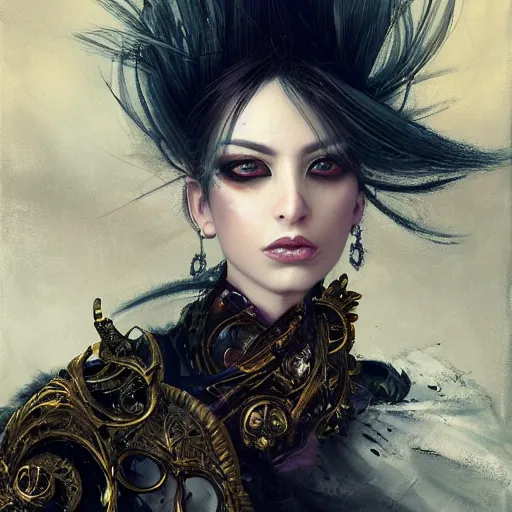 Image similar to portrait, headshot, insanely nice professional hair style, dramatic hair color, digital painting, of a old 17th century, old cyborg merchant, amber jewels, baroque, ornate clothing, scifi, realistic, hyperdetailed, chiaroscuro, concept art, art by Franz Hals and Jon Foster and Ayami Kojima and Amano and Karol Bak,