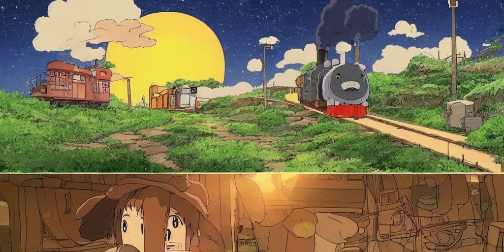 Image similar to a sunset railroad environment in the studio ghibli style, ghibli, my neighbor totoro, spirited away, castle in the sky