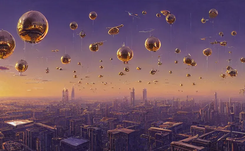 Prompt: hyperdetailed UFOs made of liquid chrome floating over a cityscape at golden hour, by vladimir kush, by jeff koons, 8k resolution, realistic shadows, rendered in octane, hyperdetailed, meticulous, intricate