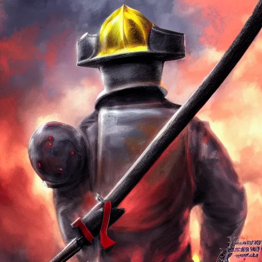 Image similar to A knight wearing a firefighter helmet and wielding a fire axe, highly detailed, digital art, sharp focus, trending on art station, flames, anime art style